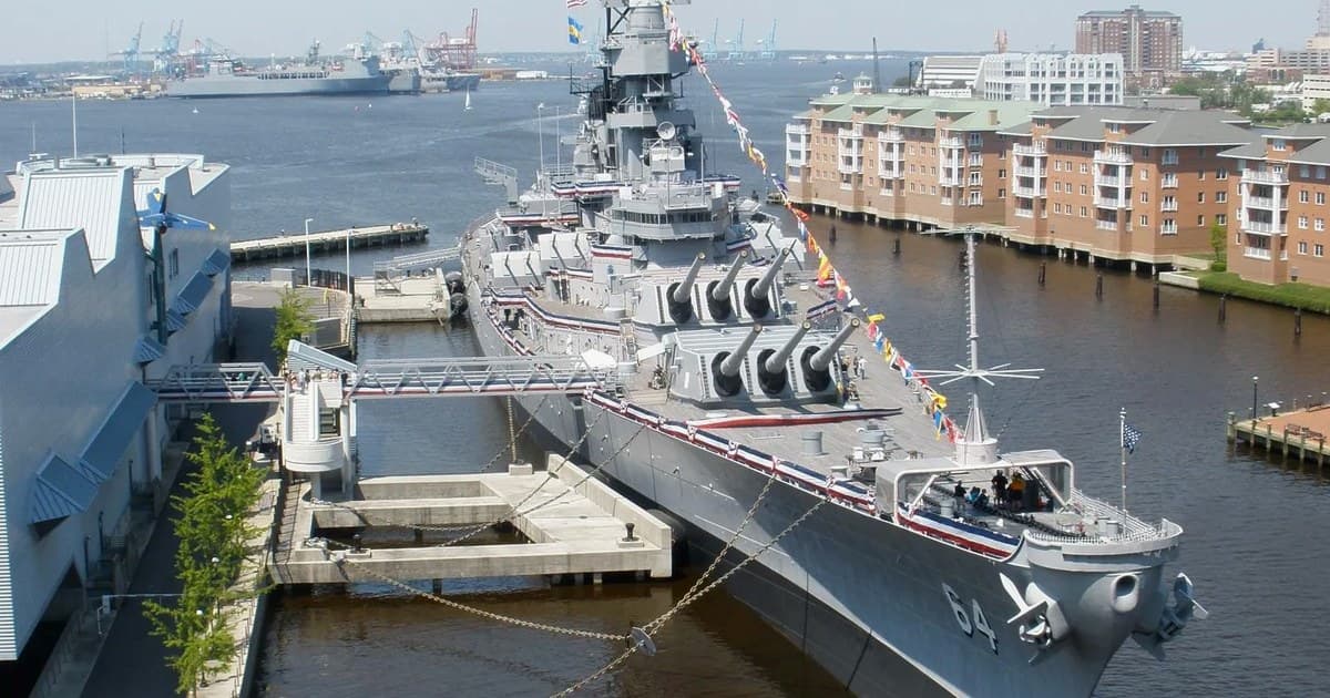 Nauticus and the Battleship Wisconsin on the downtown Norfolk waterfront