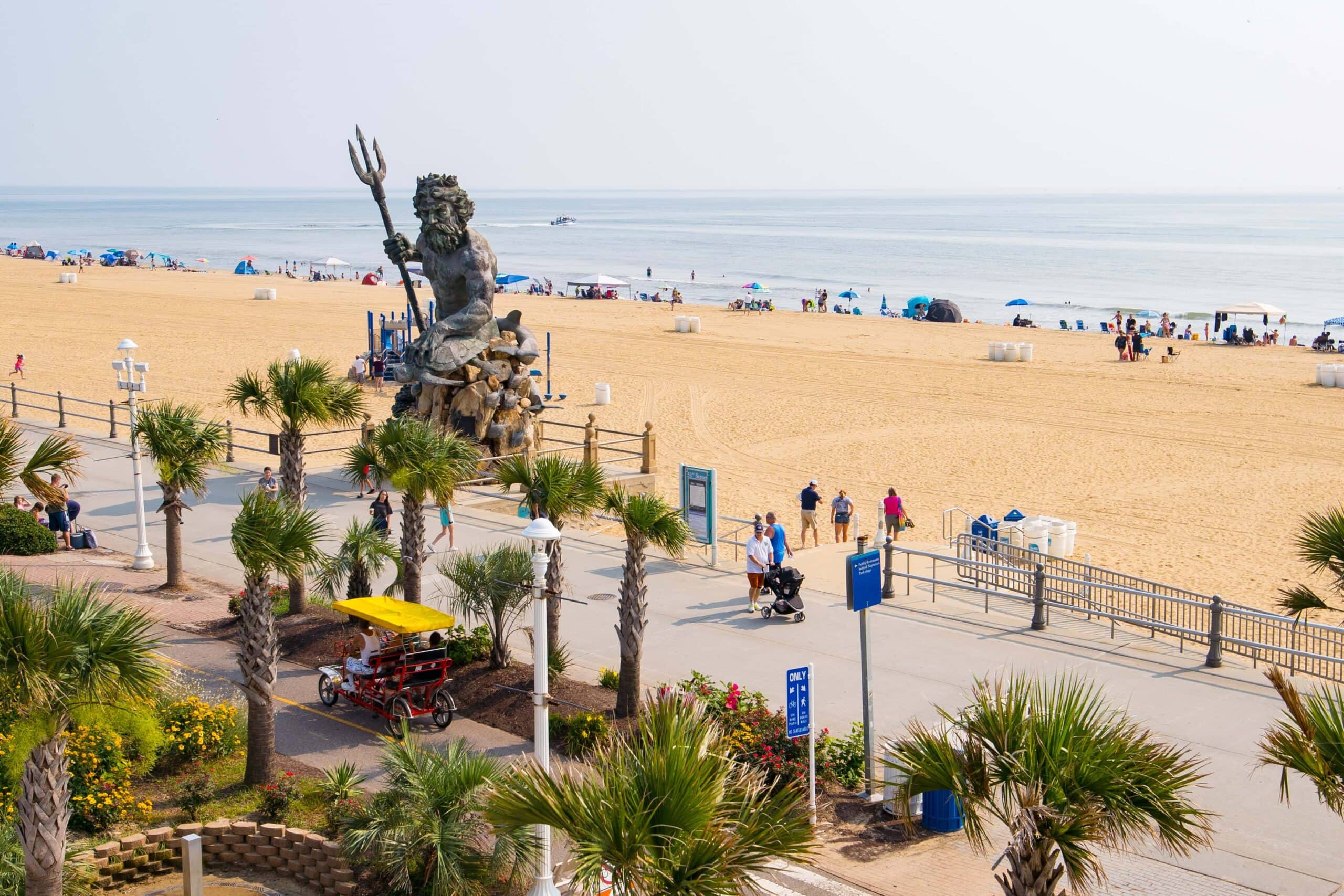 Virginia Beach oceanfront at sunrise with the boardwalk in the foreground